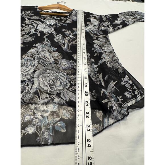 Foreign Exchange Surplice Wrap Hi Low Blouse S Black Floral Sheer Long Sleeve - Picture 7 of 8